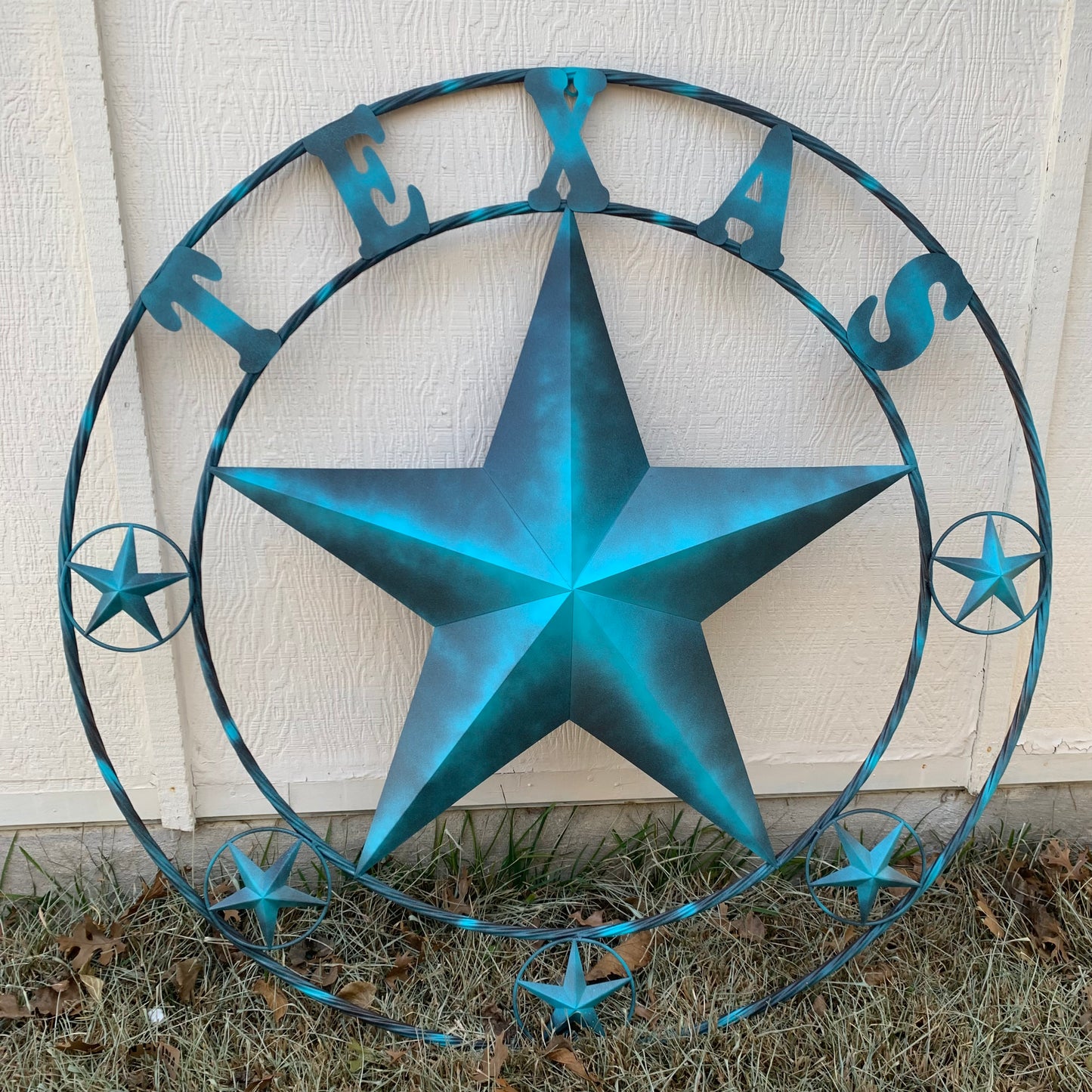 TEXAS LONESTAR TURQUOISE DISTRESSED TWO TONE METAL BARN STAR TWISTED ROPE RING WALL ART WESTERN HOME DECOR HANDMADE NEW #EH10483