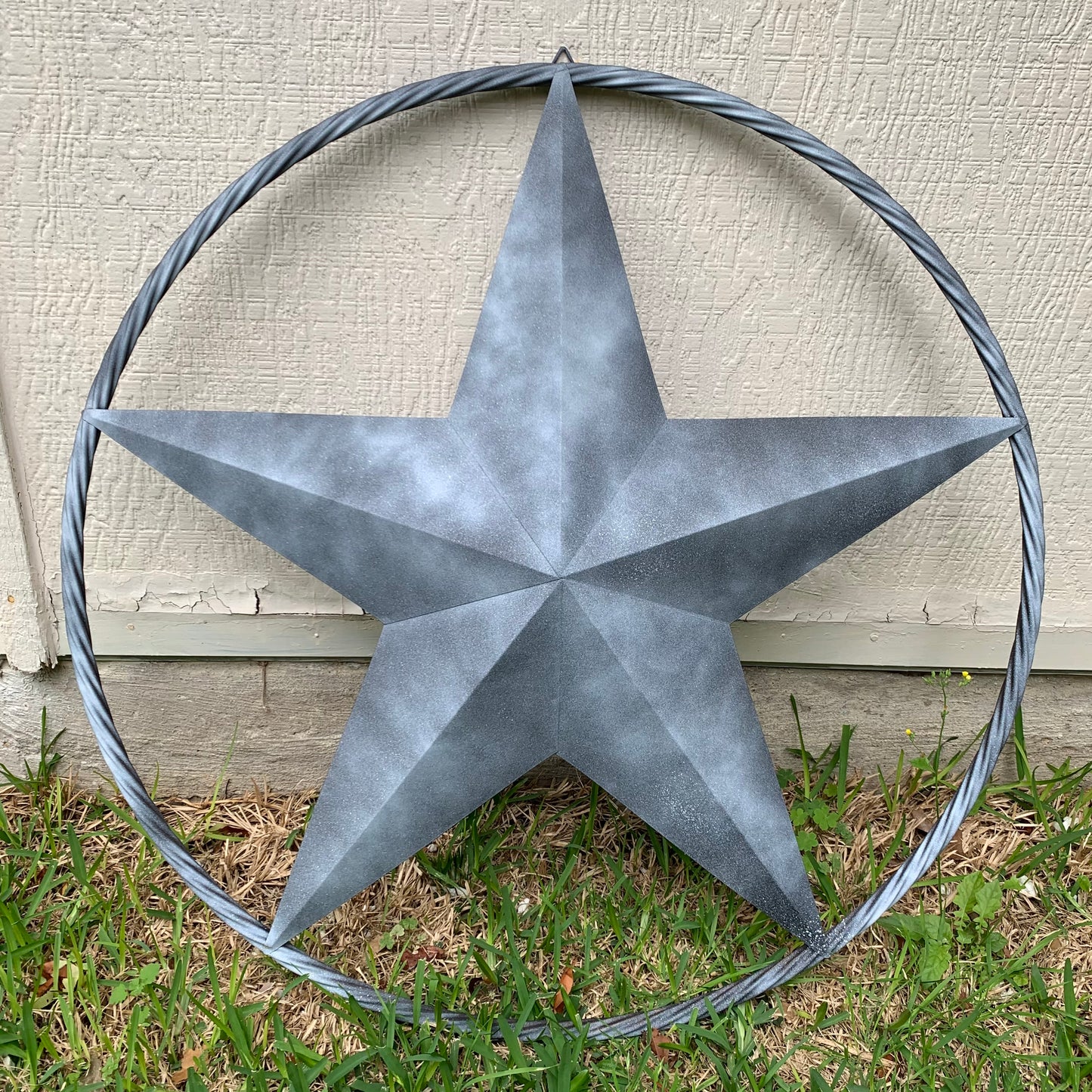 #EH10484 DARK WHITE DISTRESSED TWO TONE BARN STAR METAL LONESTAR TWISTED ROPE RING WESTERN HOME DECOR HANDMADE NEW