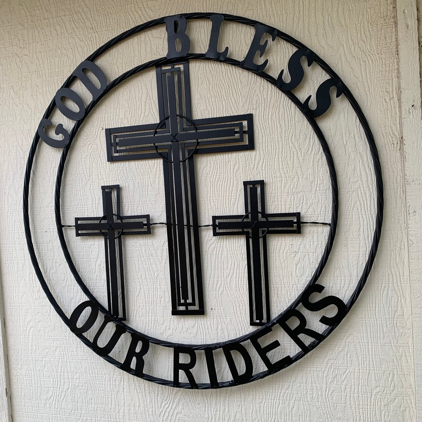 40"GOD BLESS OUR RIDERS CRUCIFIX BLACK CROSS METAL WALL ART HANDMADE