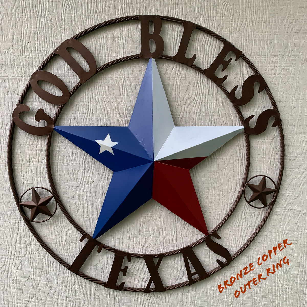 GOD BLESS TEXAS RED WHITE BLUE BARN METAL STAR BRONZE TWISTED ROPE RING WALL ART WESTERN HOME DECOR HANDMADE #EH11884
