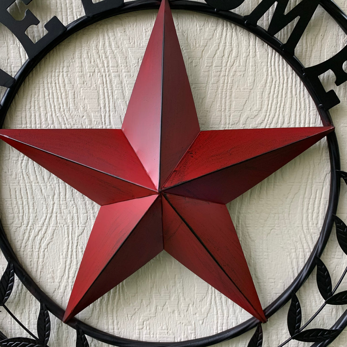 24" WELCOME LEAF LEAVES STAR METAL WALL ART WESTERN HOME DECOR RUSTIC RED HANDMADE