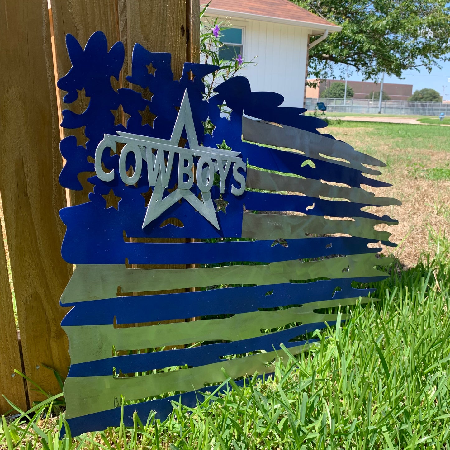 DALLAS COWBOYS METAL TATTERED FLAG BRIGHT BLUE & SILVER CUSTOM VINTAGE CRAFT TEAM SIGN HANDMADE