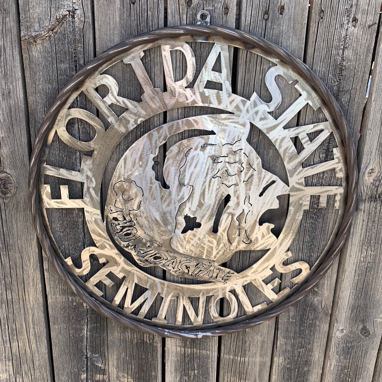FSU FLORIDA STATE SEMINOLES INDIAN CUSTOM RAW METAL VINTAGE CRAFT TEAM SIGN HANDMADE