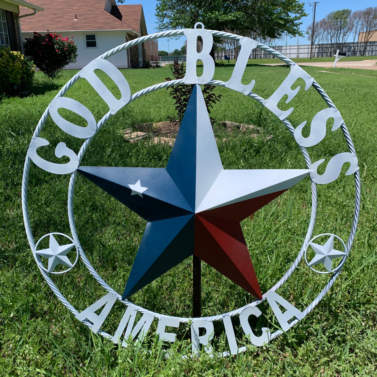 GOD BLESS AMERICA WHITE RING & RED WHITE BLUE BARN METAL STAR TWISTED RING HANDMADE NEW