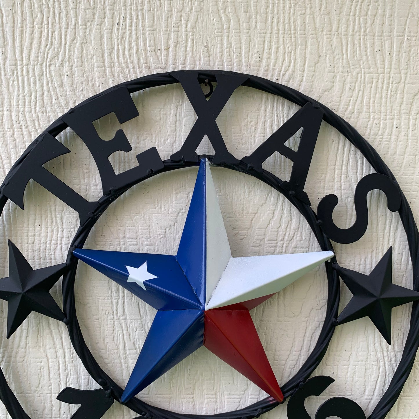 16" TEXAS 1836 RED WHITE BLUE TEXAS FLAG STAR & BLACK RING BARN STAR METAL WALL WESTERN HOME DECOR HANDMADE NEW ART