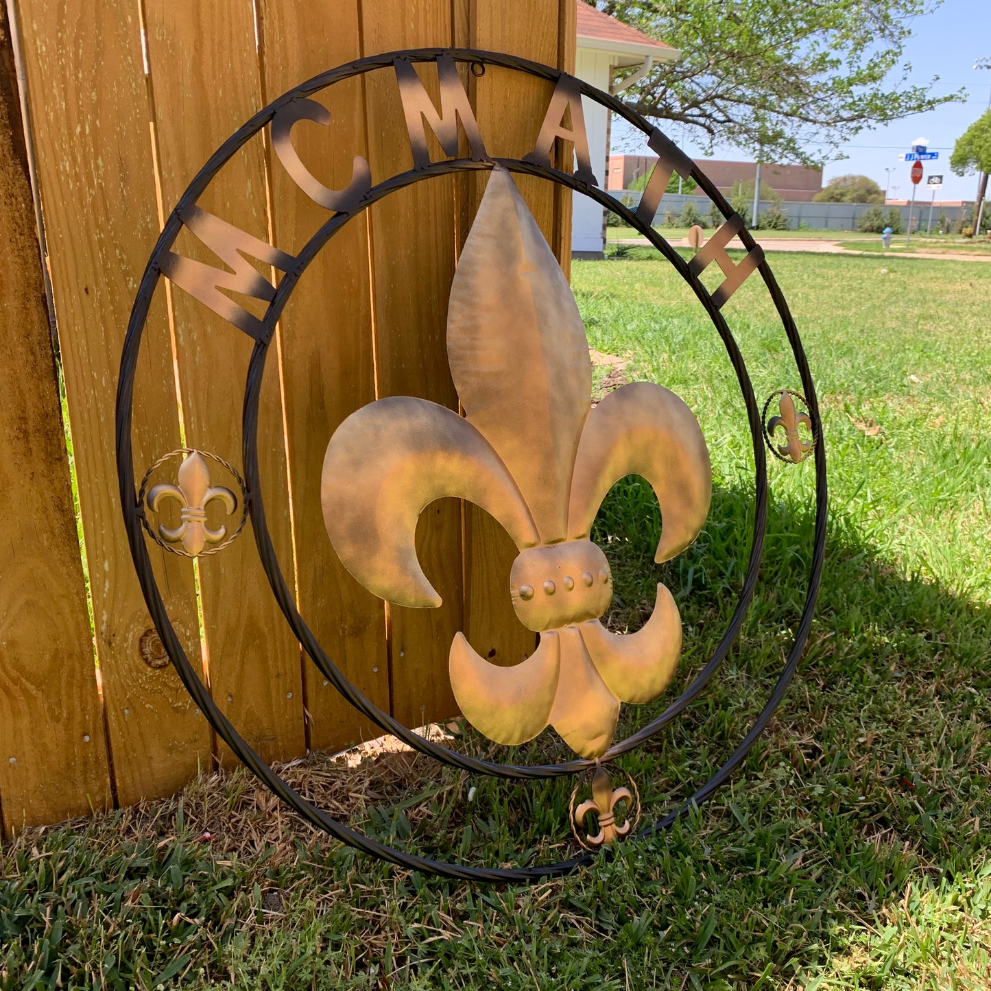 FORD STYLE YOUR CUSTOM NAME FLEUR DE LIS METAL TWISTED ROPE RING SIGN WALL ART WESTERN HOME DECOR HANDMADE 24", 32", 36"
