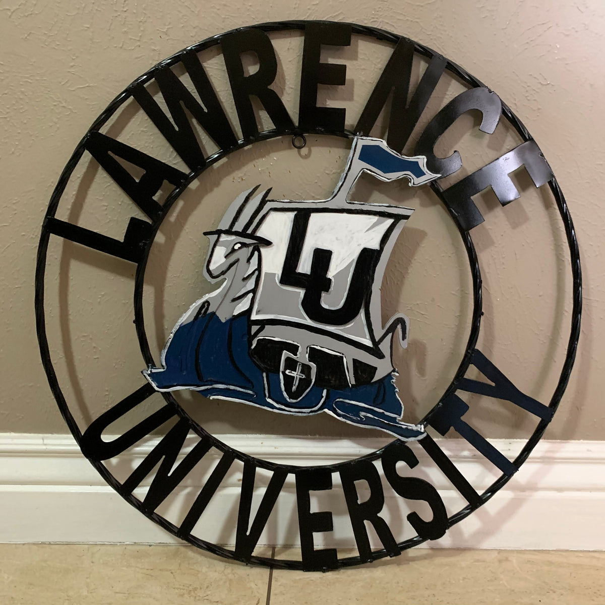 LAWRENCE UNIVERSITY METAL CUSTOM VINTAGE CRAFT WALL ART RUSTIC BLUE SILVER WHITE TEAM SIGN HANDMADE