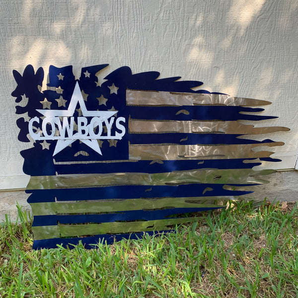 DALLAS COWBOYS METAL TATTERED FLAG NAVY BLUE, WHITE & SILVER CUSTOM VINTAGE CRAFT TEAM SIGN HANDMADE USA #EH11991