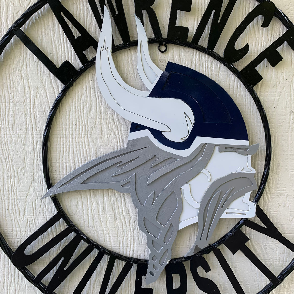 LAWRENCE UNIVERSITY METAL CUSTOM VINTAGE CRAFT WALL ART RUSTIC BLUE SILVER WHITE TEAM SIGN HANDMADE
