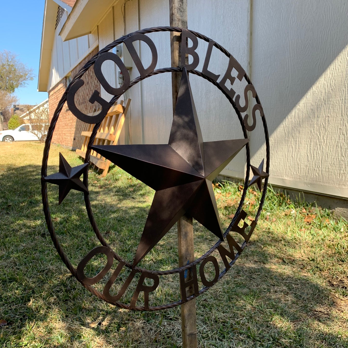 GOD BLESS OUR HOME BARN METAL STAR TWISTED ROPE RING WESTERN HOME DECOR RUSTIC BRONZE HANDMADE NEW #EH11021