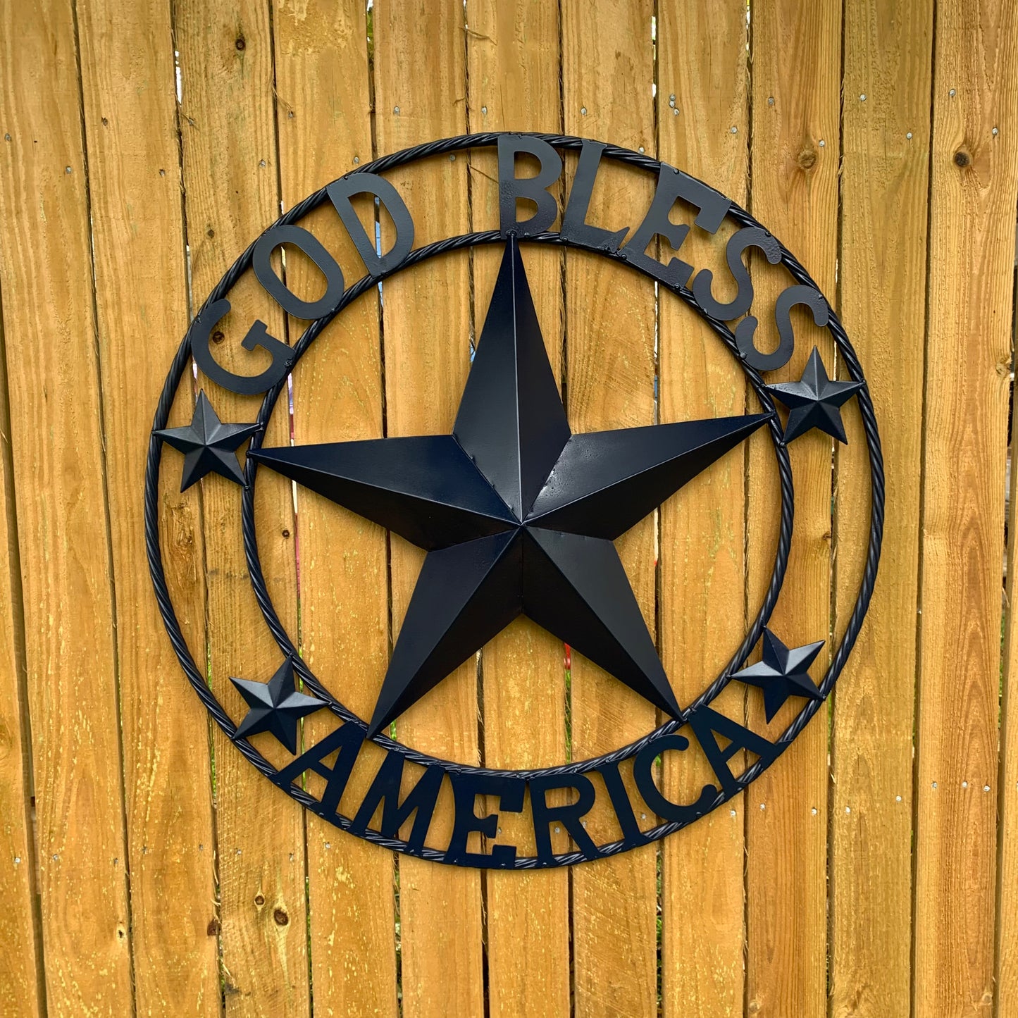 GOD BLESS AMERICA NAVY BLUE METAL BARN STAR RING ART WESTERN HOME DECOR NEW-#EH10131