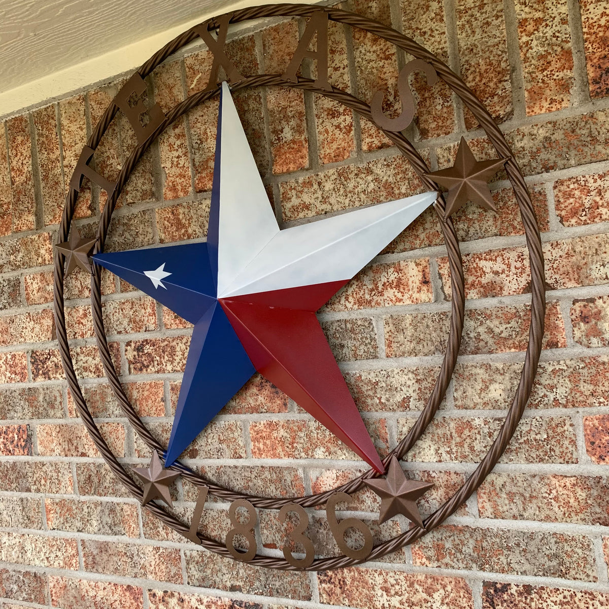 TEXAS 1836  FLAG STAR RED WHITE BLUE BARN STAR TWISTED ROPE RING BRONZE WESTERN HOME DECOR  #EH10958