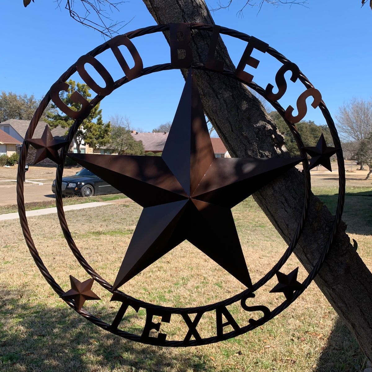 GOD BLESS TEXAS BROWN BARN STAR METAL LONE STAR TWISTED ROPE RING WESTERN HOME DECOR HANDMADE NEW #EH11085