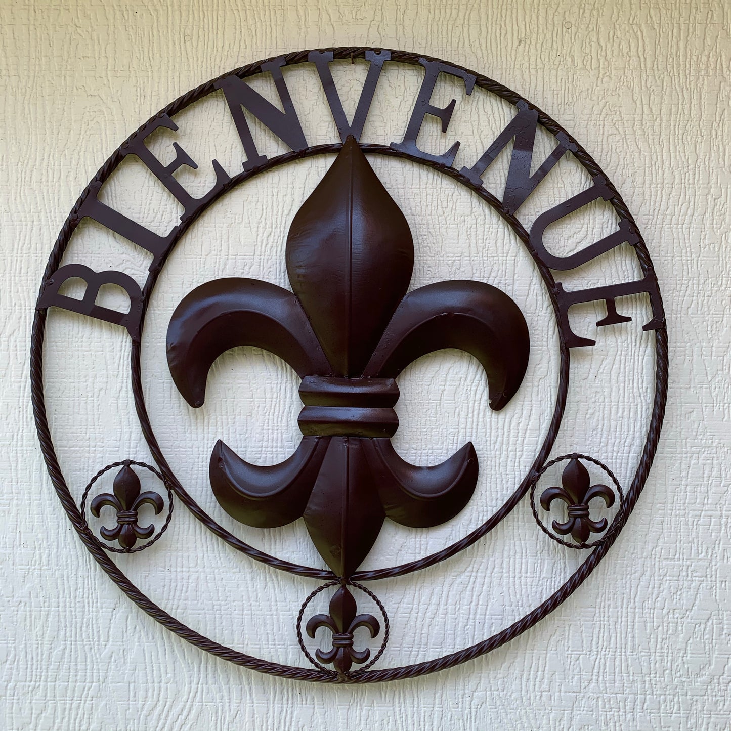 BIENVENUE FLEUR DE LIS GLOSSY BROWN METAL WALL ART WESTERN HOME DECOR NEW #EH10183