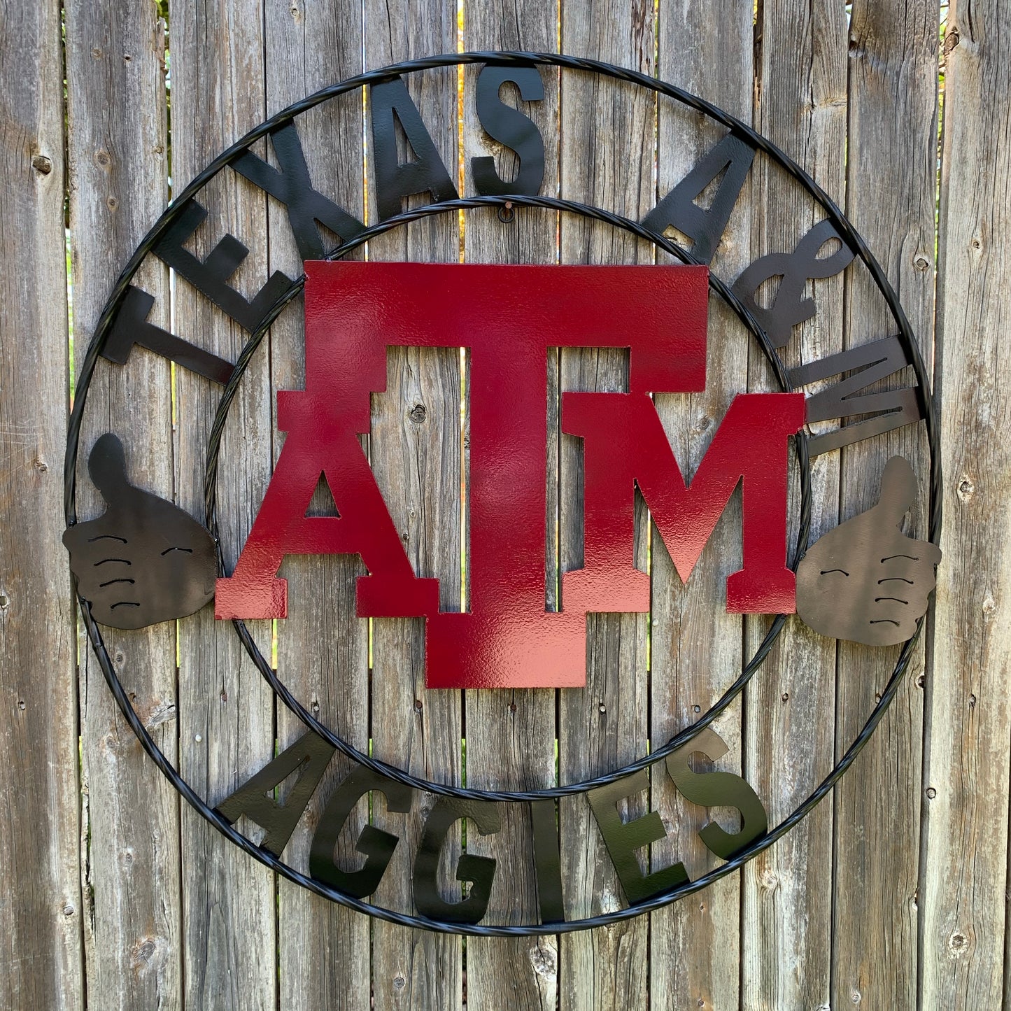 TEXAS A&M, GIGEM AGGIES THUMBS UP METAL CUSTOM VINTAGE CRAFT TEAM SIGN HANDMADE