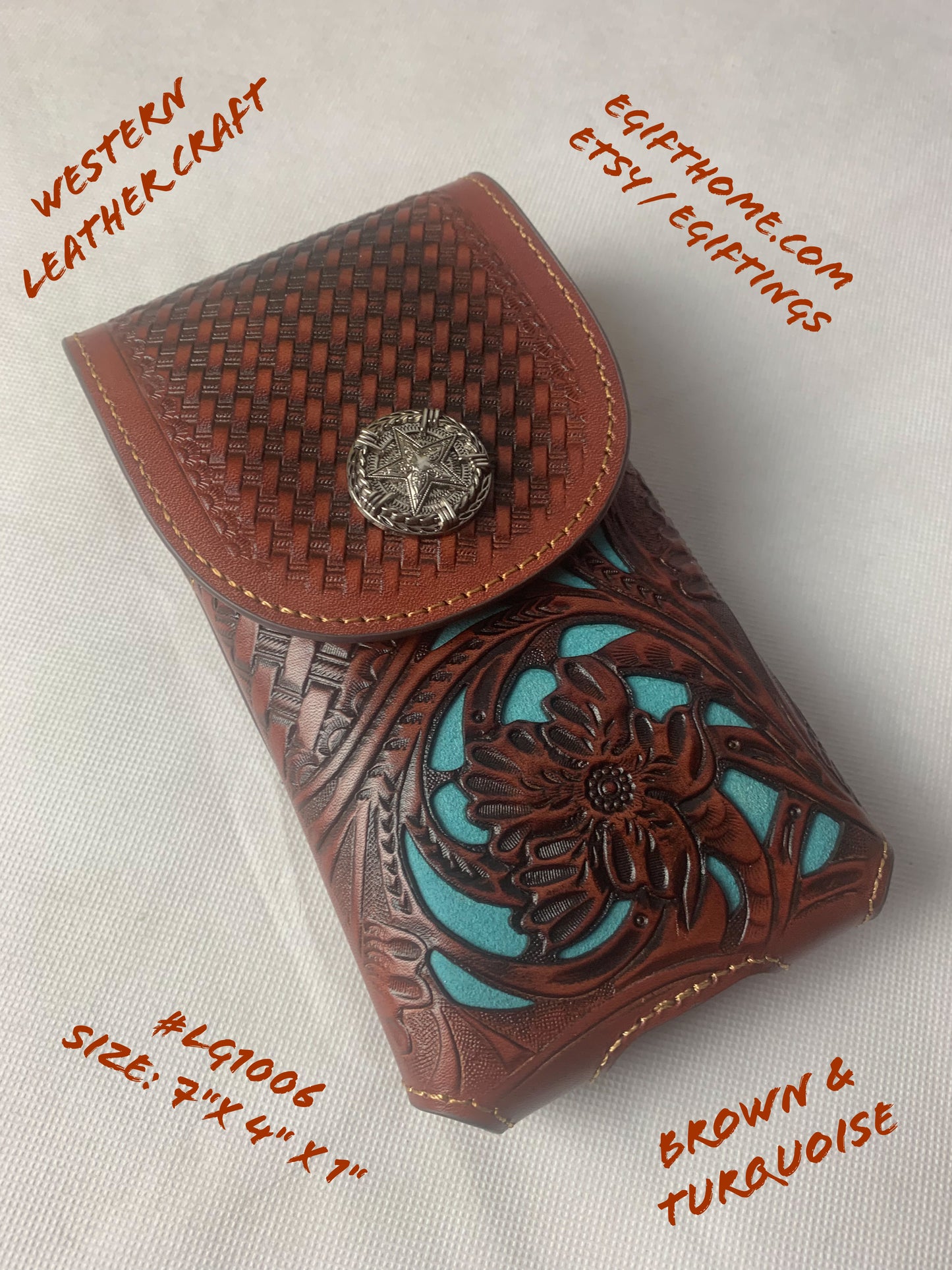7" LONE STAR BLACK & TURQUOISE LEATHER HOLSTER POUCH EXTRA LARGE  BELT LOOP CELL PHONE CASE UNIVERSAL OVERSIZE--FREE SHIPPING
