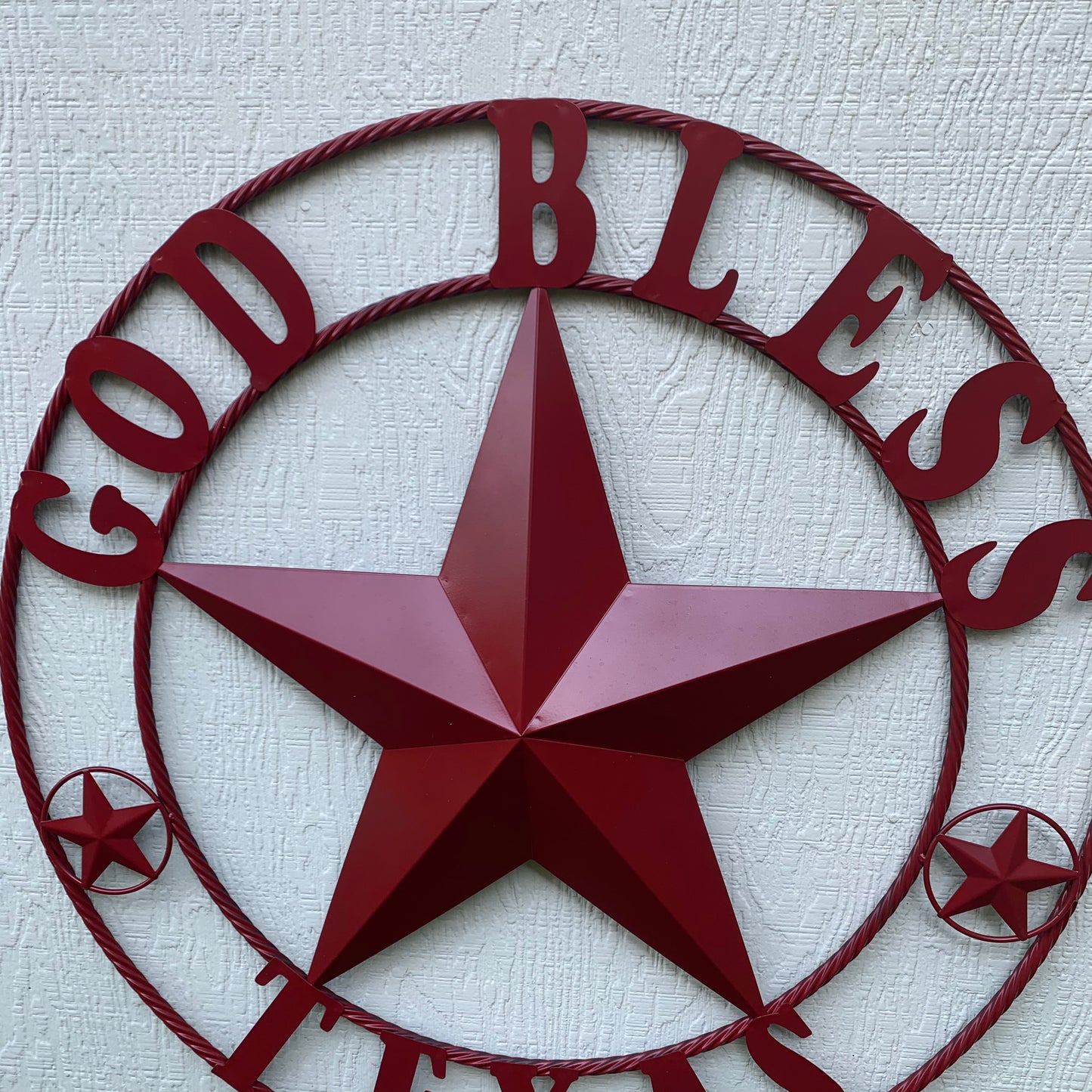 24",32",40",50" BURGUNDY RED GOD BLESS TEXAS BARN STAR ROPE RING METAL WALL ART WESTERN HOME DECOR NEW