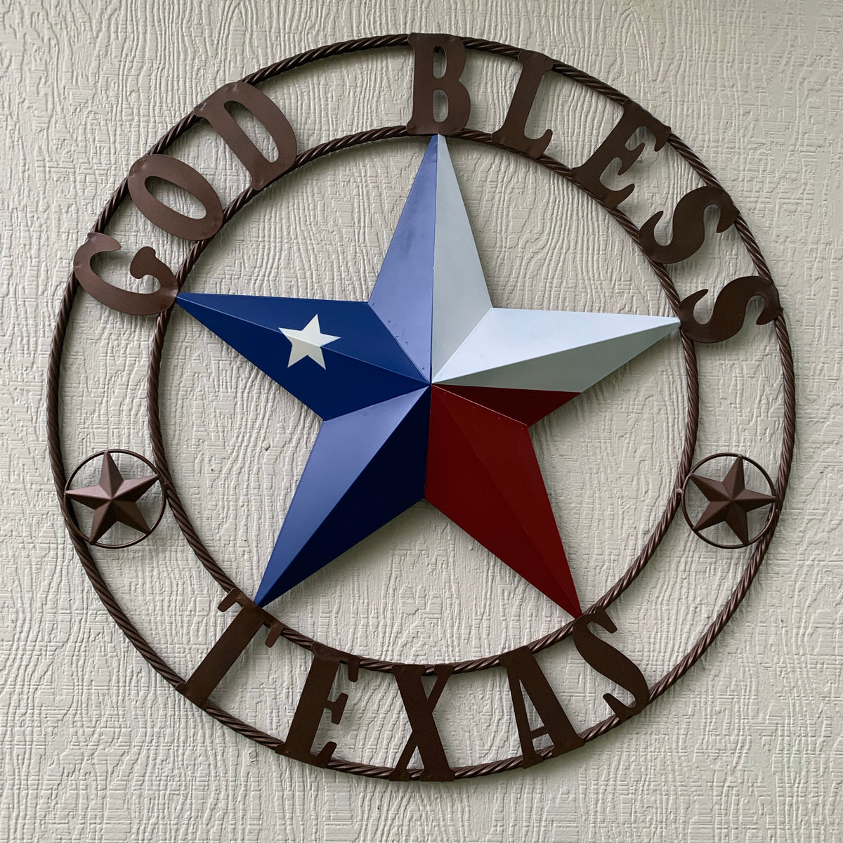 GOD BLESS TEXAS RED WHITE BLUE BARN METAL STAR BRONZE TWISTED ROPE RING WALL ART WESTERN HOME DECOR HANDMADE #EH11884