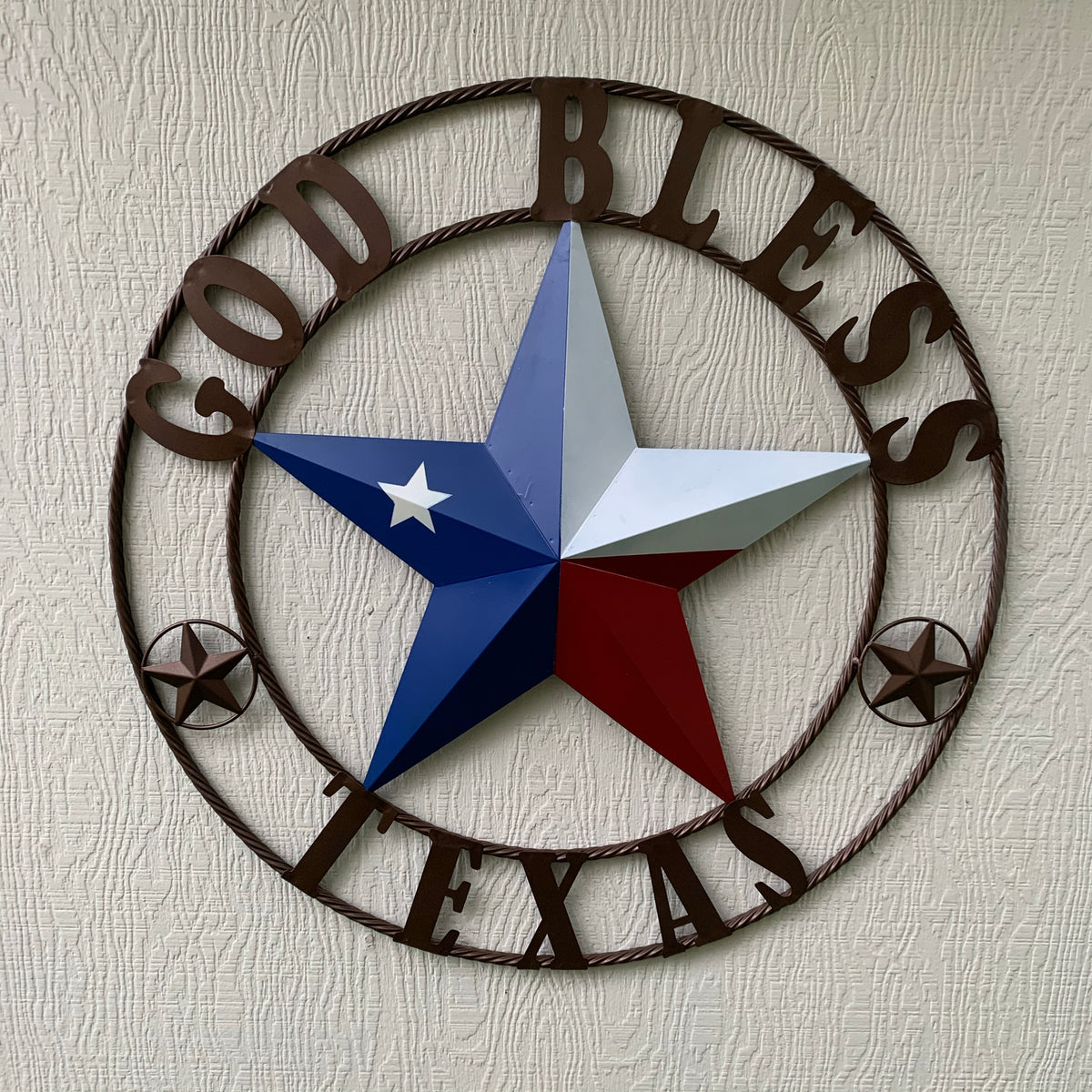 GOD BLESS TEXAS RED WHITE BLUE BARN METAL STAR BRONZE TWISTED ROPE RING WALL ART WESTERN HOME DECOR HANDMADE #EH11884