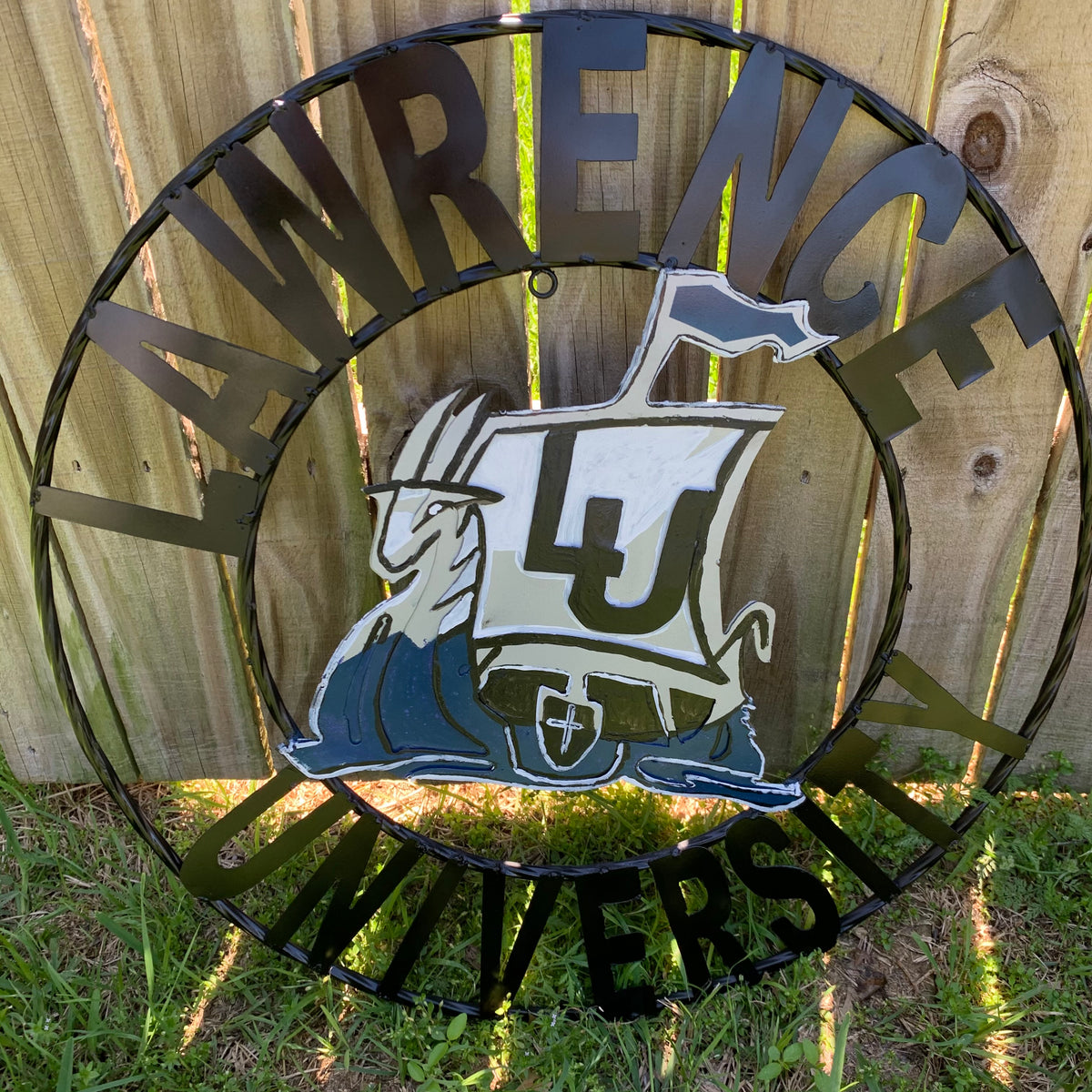 LAWRENCE UNIVERSITY METAL CUSTOM VINTAGE CRAFT WALL ART RUSTIC BLUE SILVER WHITE TEAM SIGN HANDMADE