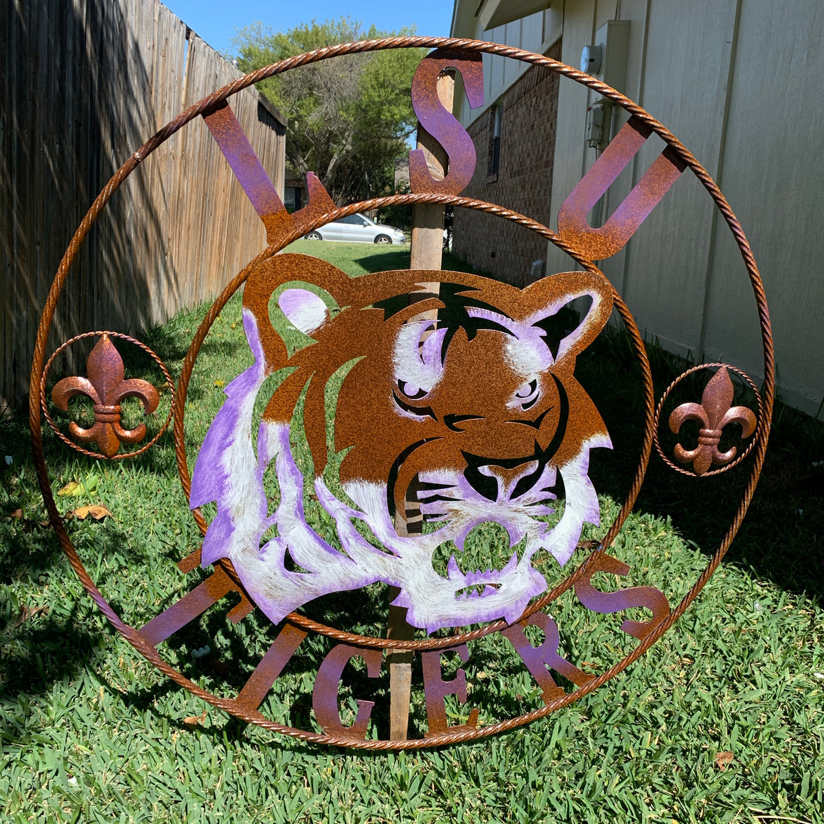 LSU TIGERS PURPLE WHITE CUSTOM METAL VINTAGE CRAFT SIGN TEAM WALL ART WESTERN HOME DECOR HANDMADE