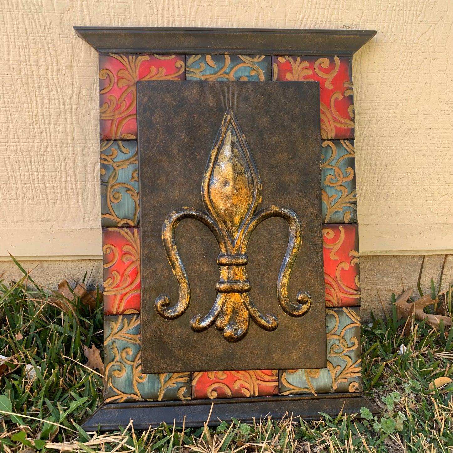 RA7868 FLEUR DE LIS SQUARE WALL DECOR WESTERN HOME DECOR 24" X 16" HANDMADE NEW
