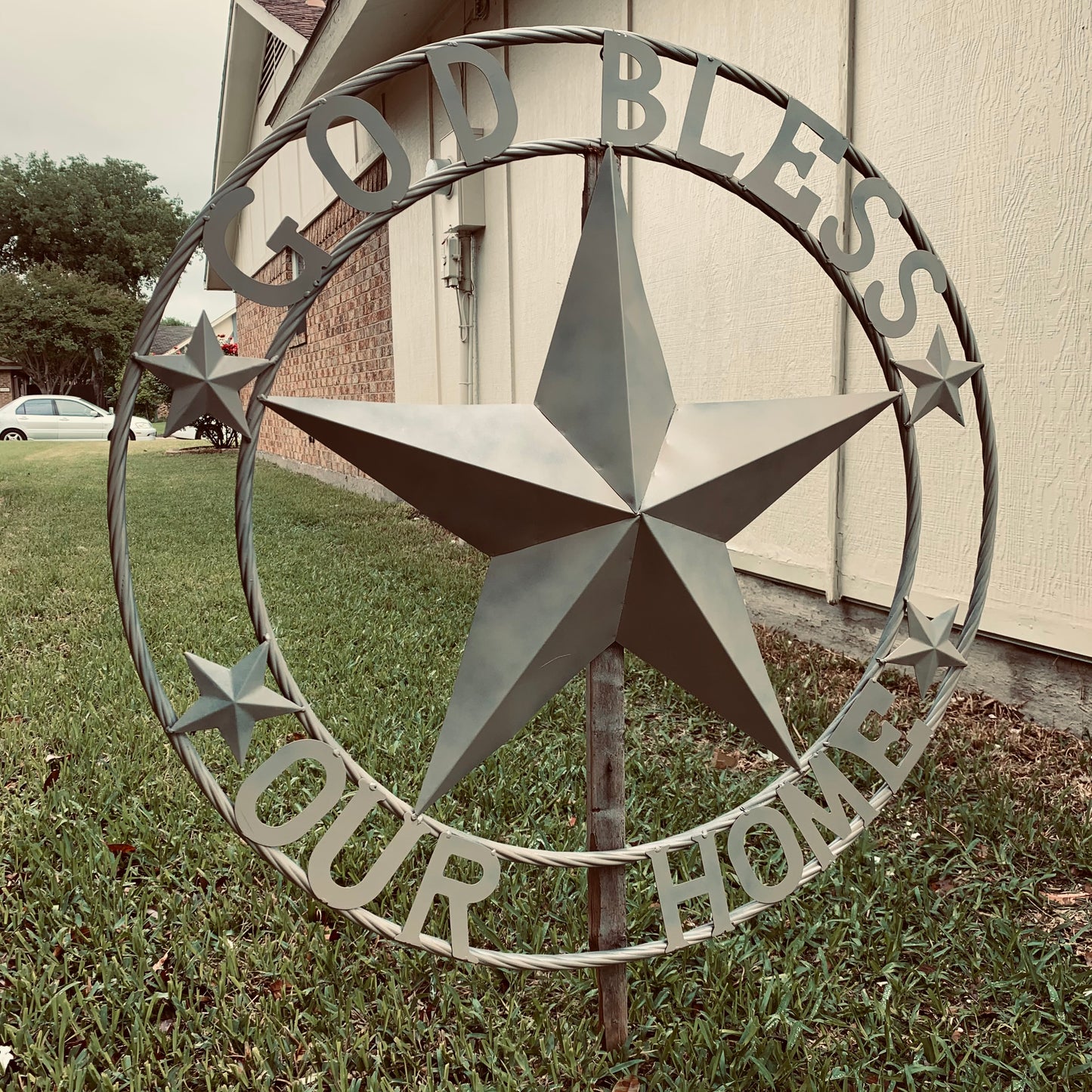 GOD BLESS OUR HOME RUSTIC BEIGE BARN METAL STAR ROPE RING WALL ART WESTERN HOME DECOR HANDMADE NEW #EH11686