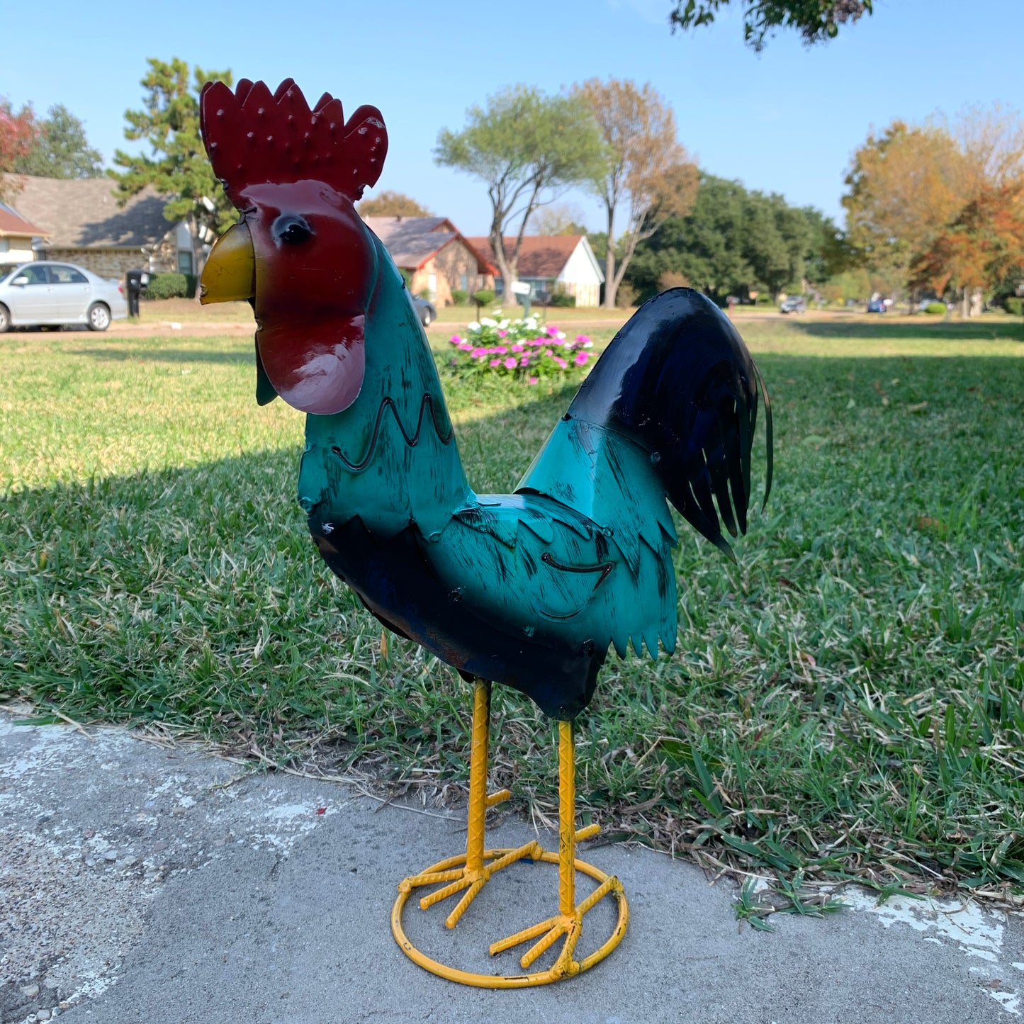 #34-041 RUSTIC TURQUOISE ROOSTER 20",30",40" CHICKEN GARDEN ANIMAL SCULPTURE METAL DECOR ORNAMENT HANDMADE