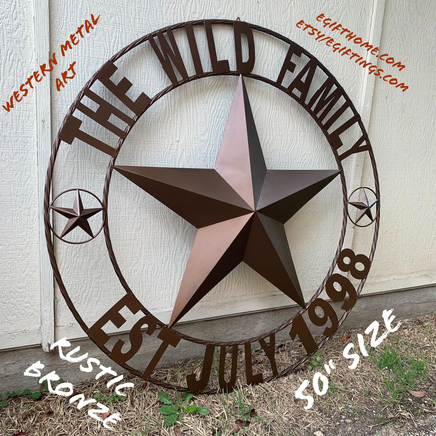 THE WILD FAMILY STYLE CUSTOM FAMILY NAME STAR METAL BARN STAR ROPE RING WESTERN HOME DECOR BRONZE HANDMADE 24",32",34",36",40",42",44",48",50"