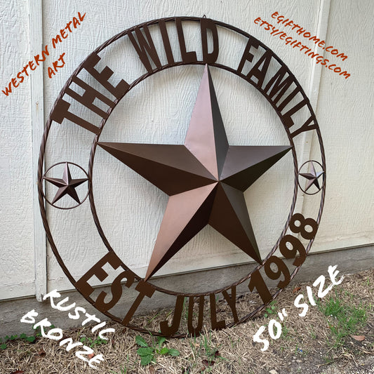 THE WILD FAMILY STYLE CUSTOM FAMILY NAME STAR METAL BARN STAR ROPE RING WESTERN HOME DECOR BRONZE HANDMADE 24",32",34",36",40",42",44",48",50"