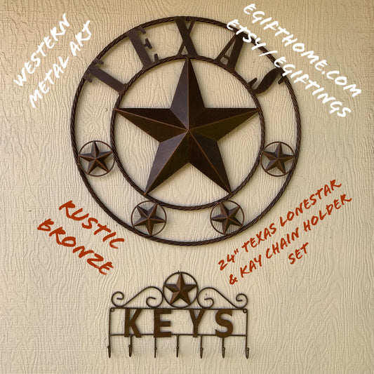 24" TEXAS LONESTAR & KEYCHAIN HOLDER COMBO SET RISTIC BRONZE METAL ART WESTERN HOME DECOR NEW CUSTOM HANDMADE