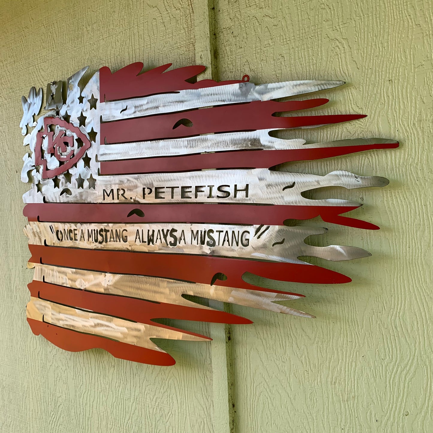 CUSTOM NAME KANSAS CITY CHIEFS METAL TATTERED FLAG CUSTOM VINTAGE CRAFT WALL ART HANDMADE
