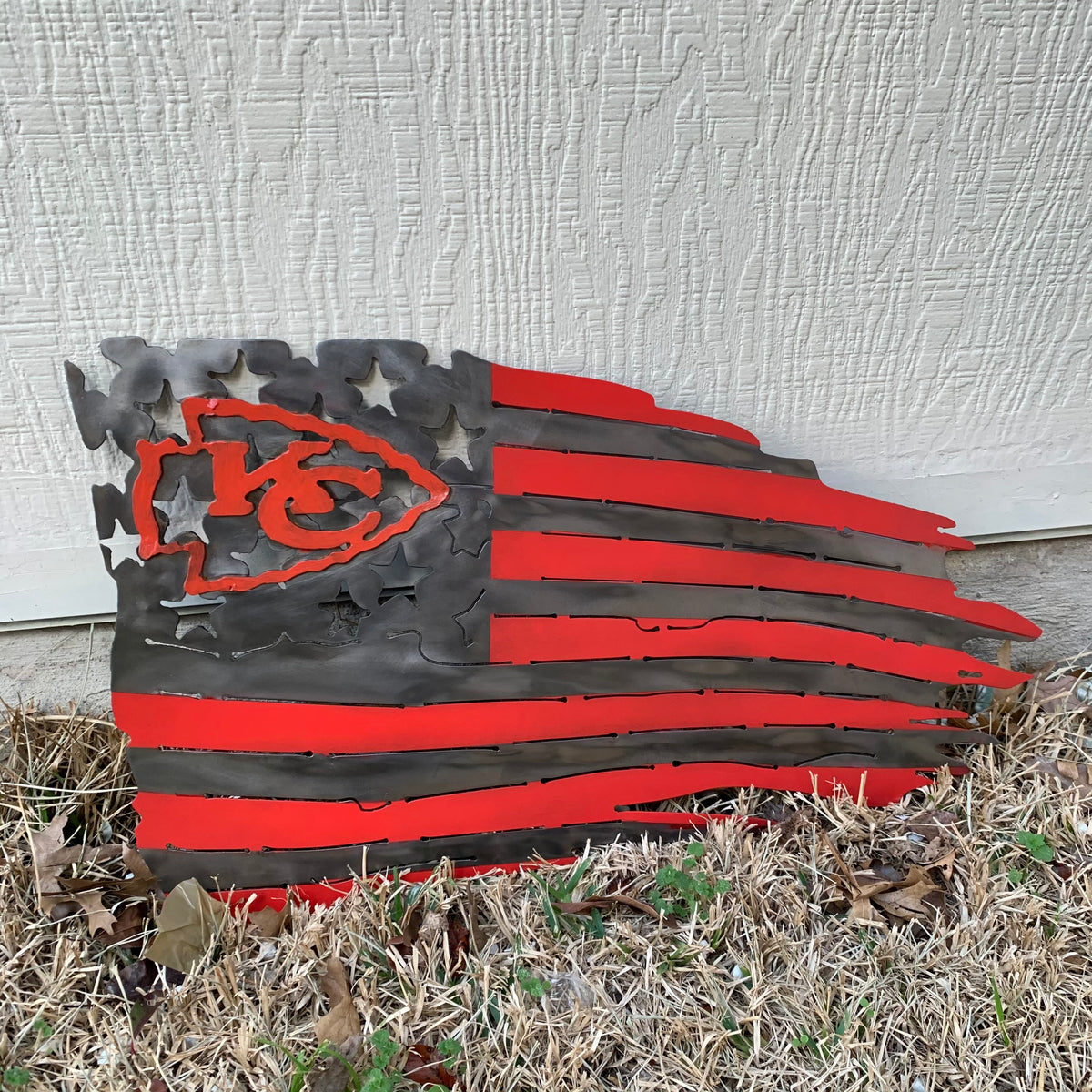 KANSAS CITY CHIEFS METAL TATTERED FLAG CUSTOM VINTAGE CRAFT WALL ART HANDMADE