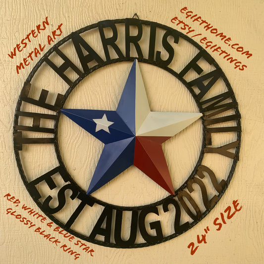HARRIS STYLE YOUR CUSTOM NAME STAR METAL BARN 3d RED WHITE BLUE WITH BLACK TWIST ROPE RING WESTERN HOME DECOR HANDMADE, 24",32",34",36",40",42",44", 46",48",50"