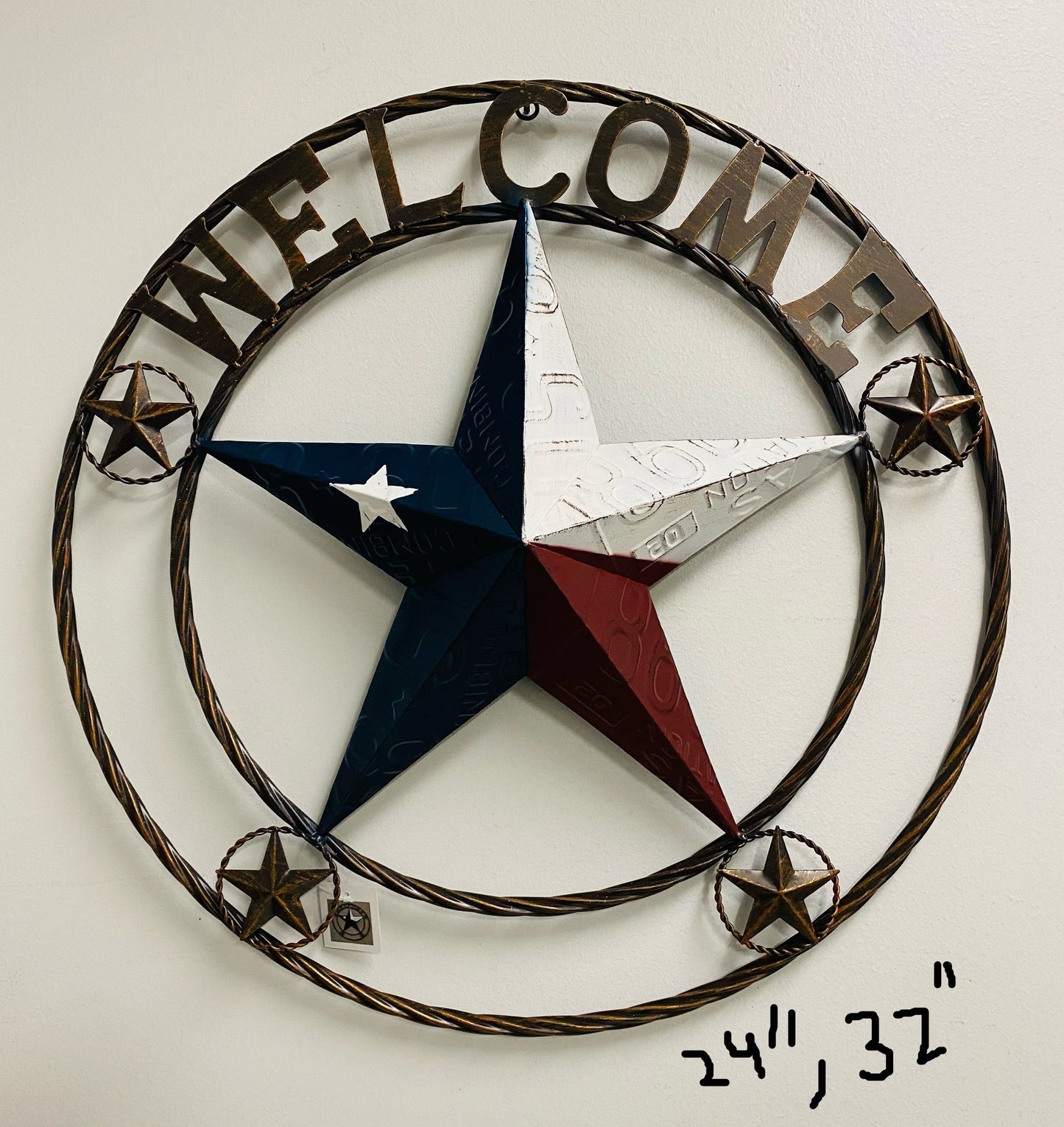 WELCOME LICENSE PLATE RED WHITE BLUE BARN METAL BARN LONE STAR TWIST ROPE RING WESTERN HOME DECOR HANDMADE #EH12986