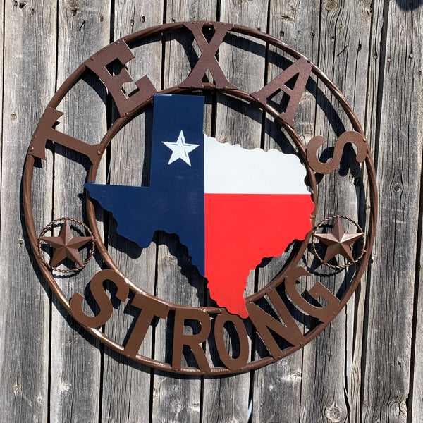TEXAS STRONG SIGN METAL WALL ART WESTERN HOME DECOR RED WHITE BLUE WITH BRONZE RING HANDMADE #EH13212