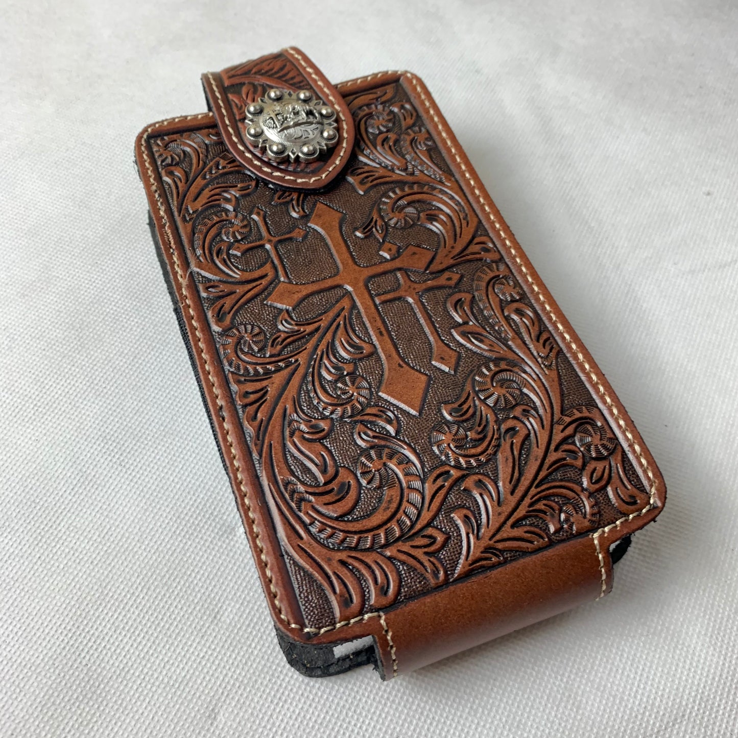 7" COWBOY PRAYER CROSS LEATHER HOLSTER POUCH COFFEE BROWN  LARGE  BELT LOOP HOLSTER CELL PHONE CASE UNIVERSAL OVERSIZE #WS344D--FREE SHIPPING