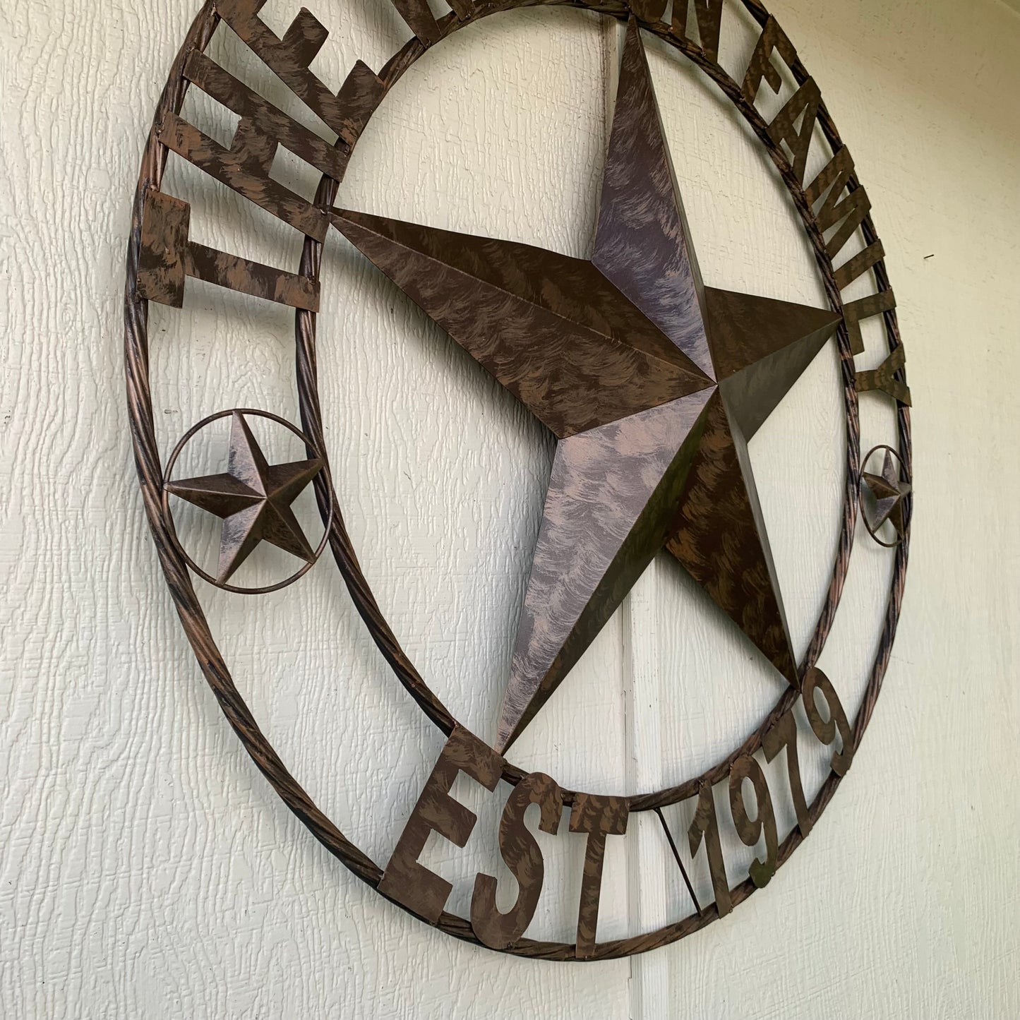 COLOMINA STYLE YOUR CUSTOM NAME BARN STAR BRONZE BRUSH COPPER METAL STAR 3d TWISTED ROPE RING COLOMINA WESTERN HOME DECOR RUSTIC VINTAGE HANDMADE 24",32",36",40",42",44",46",50"
