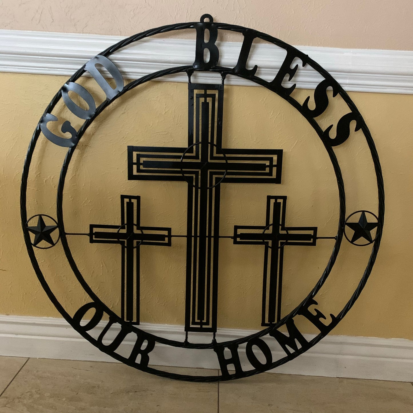 40"GOD BLESS OUR HOME CRUCIFIX CROSS METAL WALL ART BLACK HANDMADE NEW