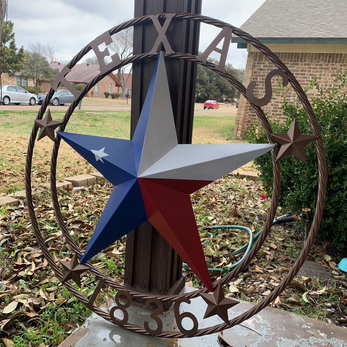 TEXAS 1836  FLAG STAR RED WHITE BLUE BARN STAR TWISTED ROPE RING BRONZE WESTERN HOME DECOR  #EH10958