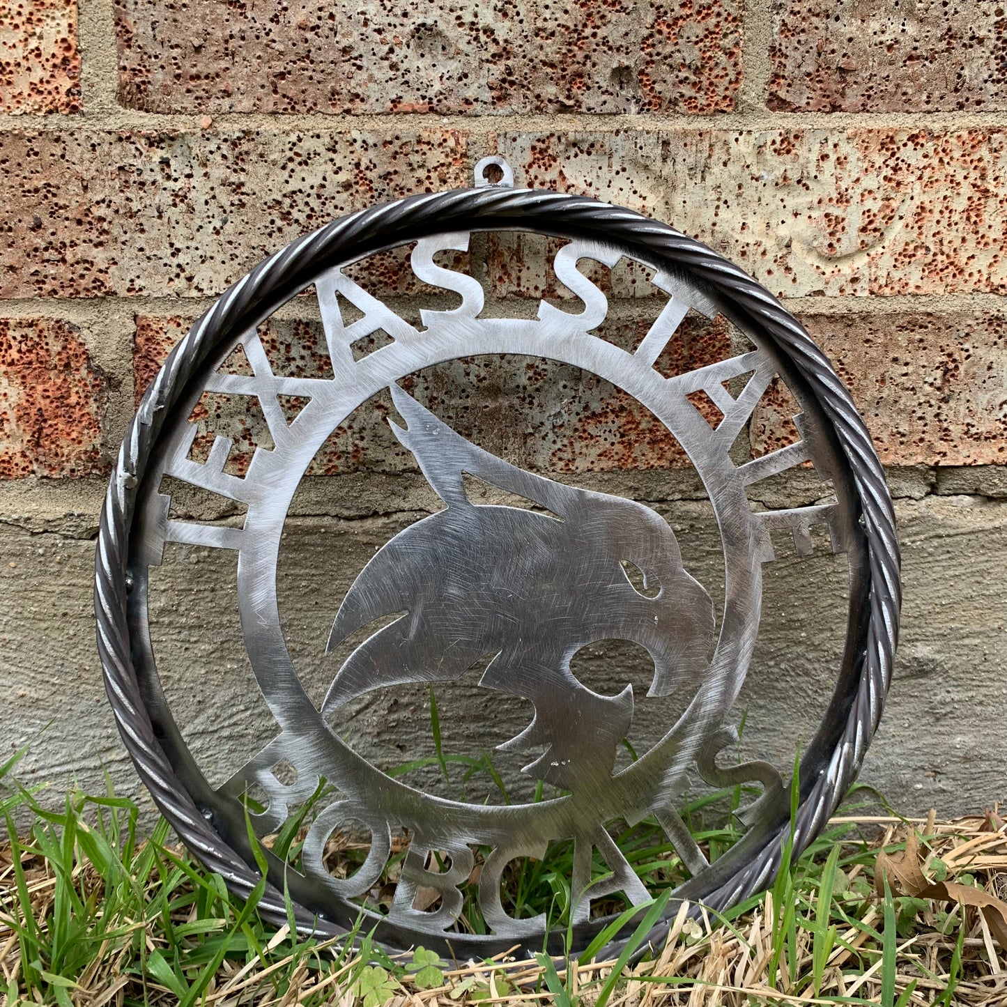 12" TEXAS STATE BOBCATS CUSTOM RAW METAL VINTAGE CRAFT SIGN TEAM ART HANDMADE IN TEXAS