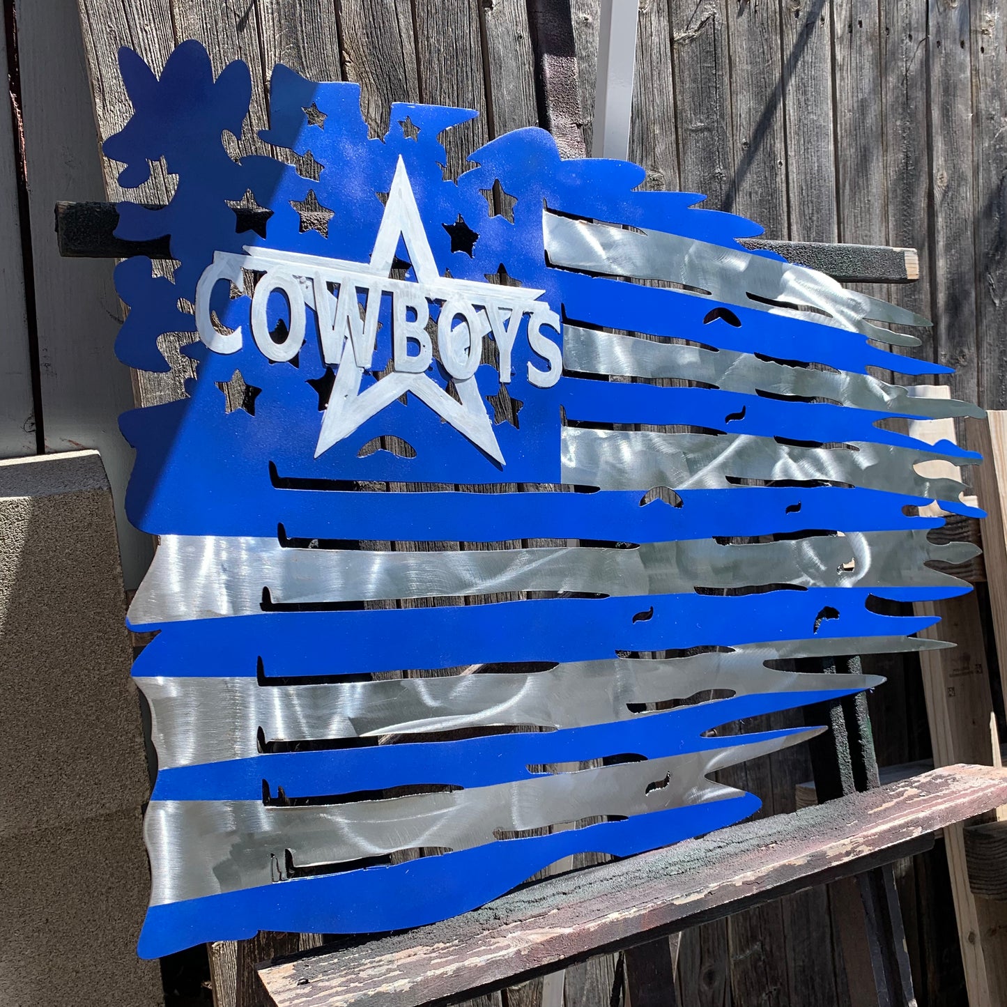 DALLAS COWBOYS METAL TATTERED FLAG BRIGHT BLUE & SILVER CUSTOM VINTAGE CRAFT TEAM SIGN HANDMADE