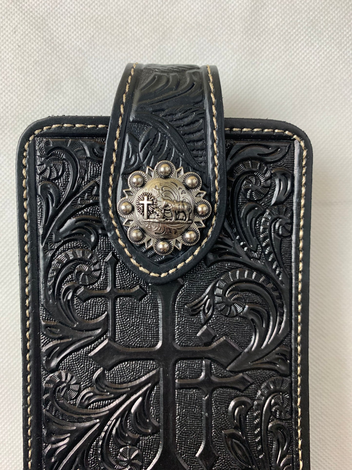 #WS341D 7" COWBOY PRAYER CROSS HOLSTER BLACK LEATHER POUCH EXTRA LARGE  BELT LOOP CELL PHONE CASE UNIVERSAL OVERSIZE--FREE SHIPPING