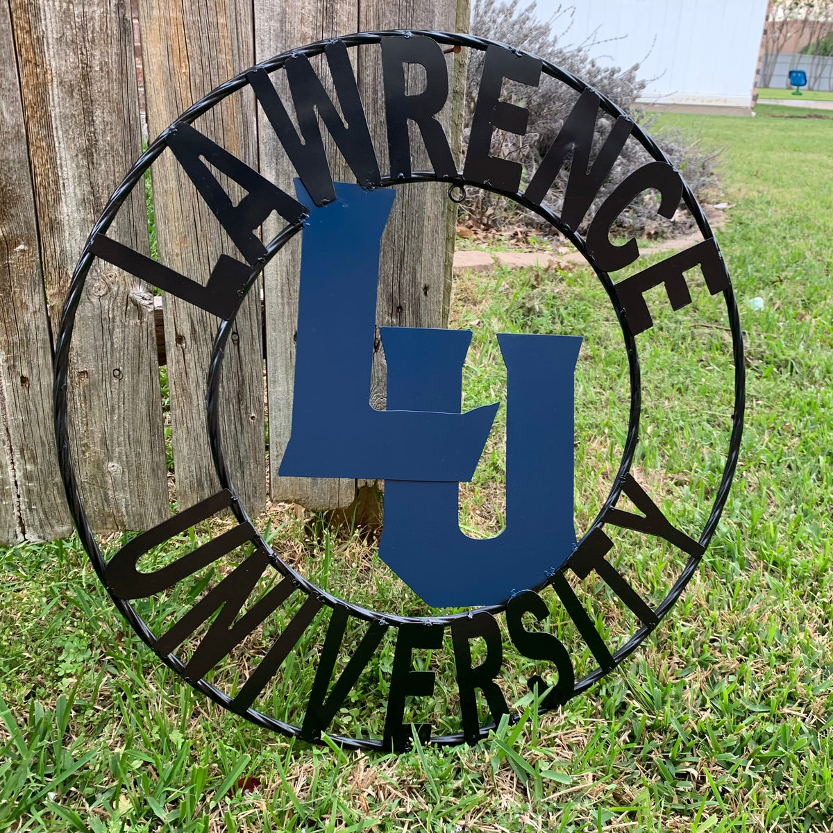 LAWRENCE UNIVERSITY METAL CUSTOM VINTAGE CRAFT WALL ART RUSTIC BLUE & BLACK TEAM SIGN HANDMADE