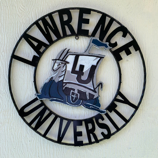 LAWRENCE UNIVERSITY METAL CUSTOM VINTAGE CRAFT WALL ART RUSTIC BLUE SILVER WHITE TEAM SIGN HANDMADE