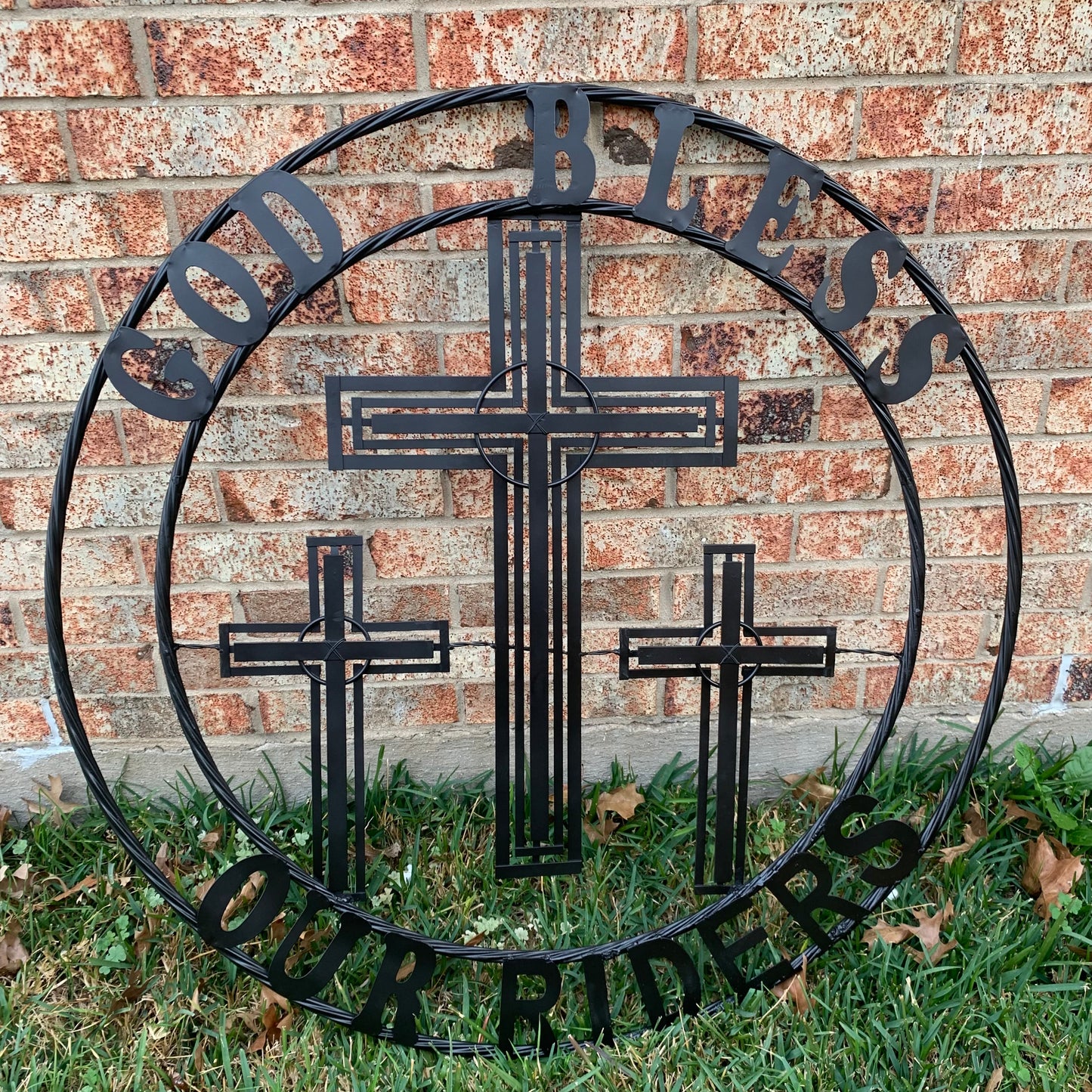 40"GOD BLESS OUR RIDERS CRUCIFIX BLACK CROSS METAL WALL ART HANDMADE