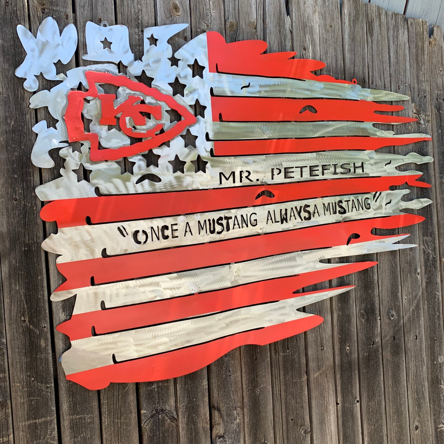 CUSTOM NAME KANSAS CITY CHIEFS METAL TATTERED FLAG CUSTOM VINTAGE CRAFT WALL ART HANDMADE