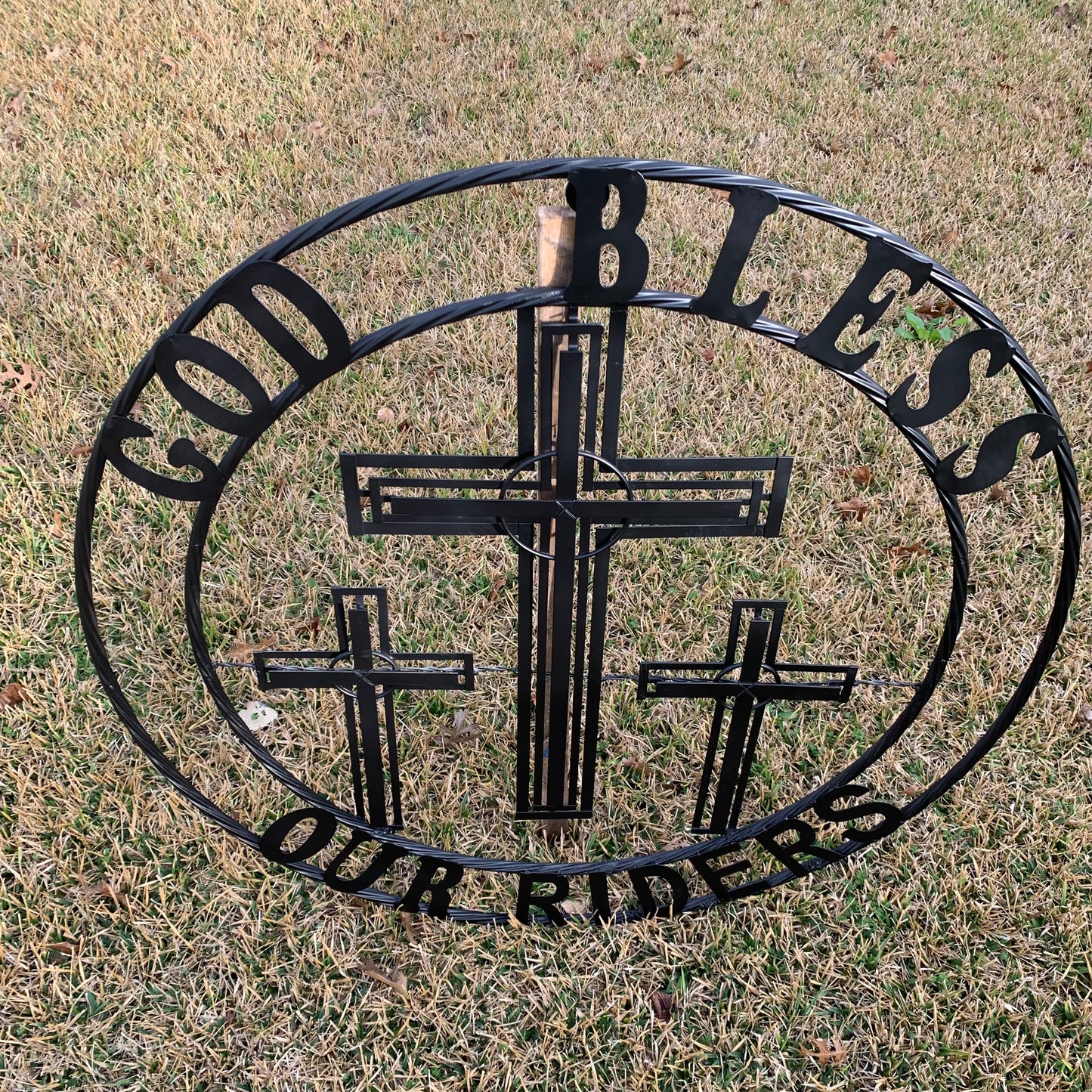 40"GOD BLESS OUR RIDERS CRUCIFIX BLACK CROSS METAL WALL ART HANDMADE