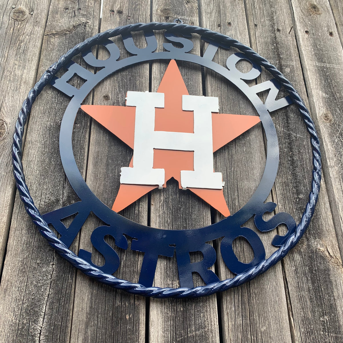 HOUSTON ASTROS ORANGE & NAVY  BLUE CUSTOM METAL VINTAGE CRAFT WALL ART HANDMADE 12",18",24",32",36"