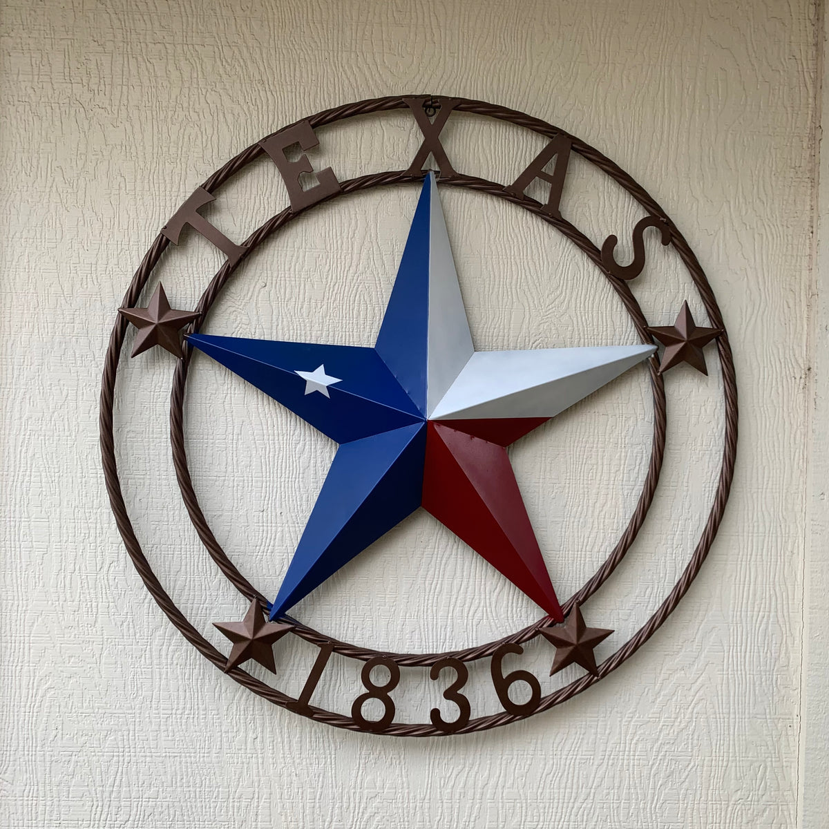 TEXAS 1836  FLAG STAR RED WHITE BLUE BARN STAR TWISTED ROPE RING BRONZE WESTERN HOME DECOR  #EH10958